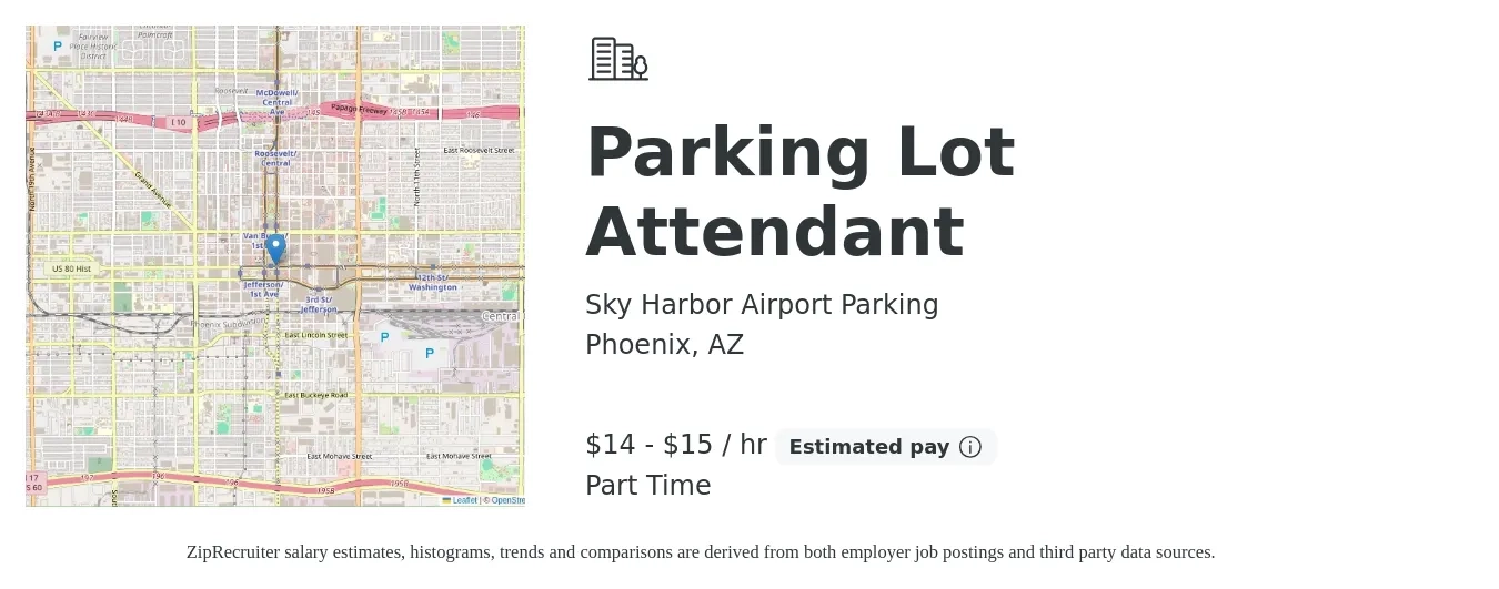 Sky Harbor Airport Parking job posting for a Parking Lot Attendant in Phoenix, AZ with a salary of $16 to $16 Hourly with a map of Phoenix location.