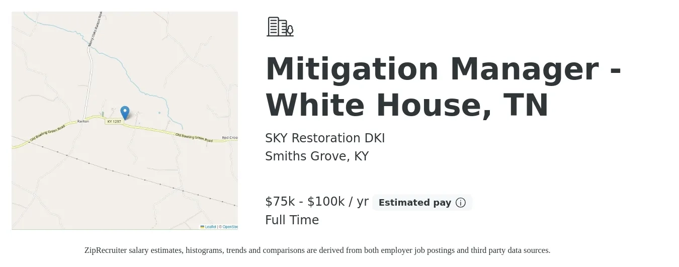 SKY Restoration DKI job posting for a Mitigation Manager - White House, TN in Smiths Grove, KY with a salary of $75,000 to $100,000 Yearly with a map of Smiths Grove location.