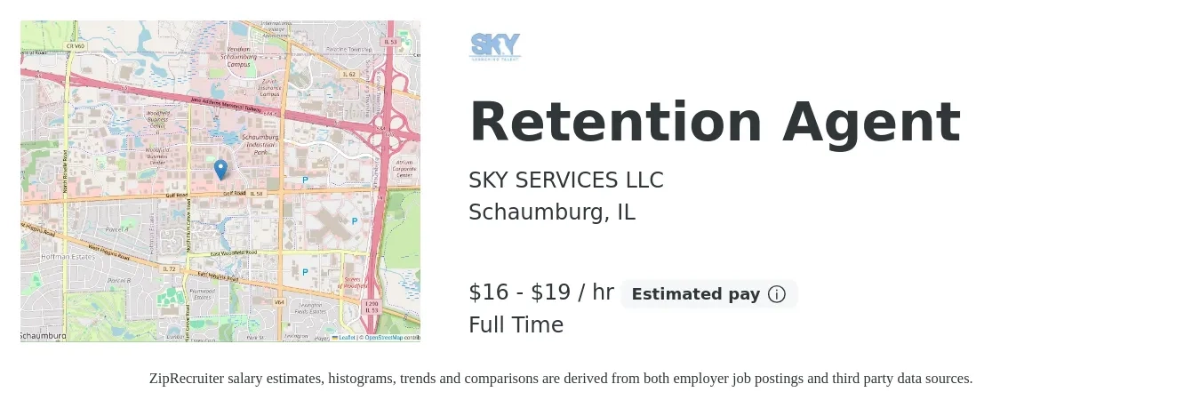 SKY SERVICES LLC job posting for a Retention Agent in Schaumburg, IL with a salary of $17 to $20 Hourly with a map of Schaumburg location.