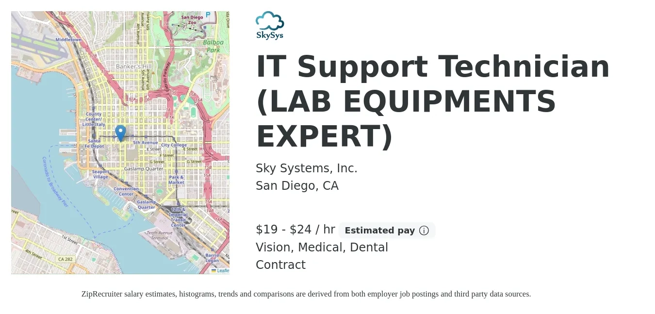 Sky Systems, Inc. job posting for a IT Support Technician (LAB EQUIPMENTS EXPERT) in San Diego, CA with a salary of $20 to $25 Hourly and benefits including medical, pto, vision, and dental with a map of San Diego location.