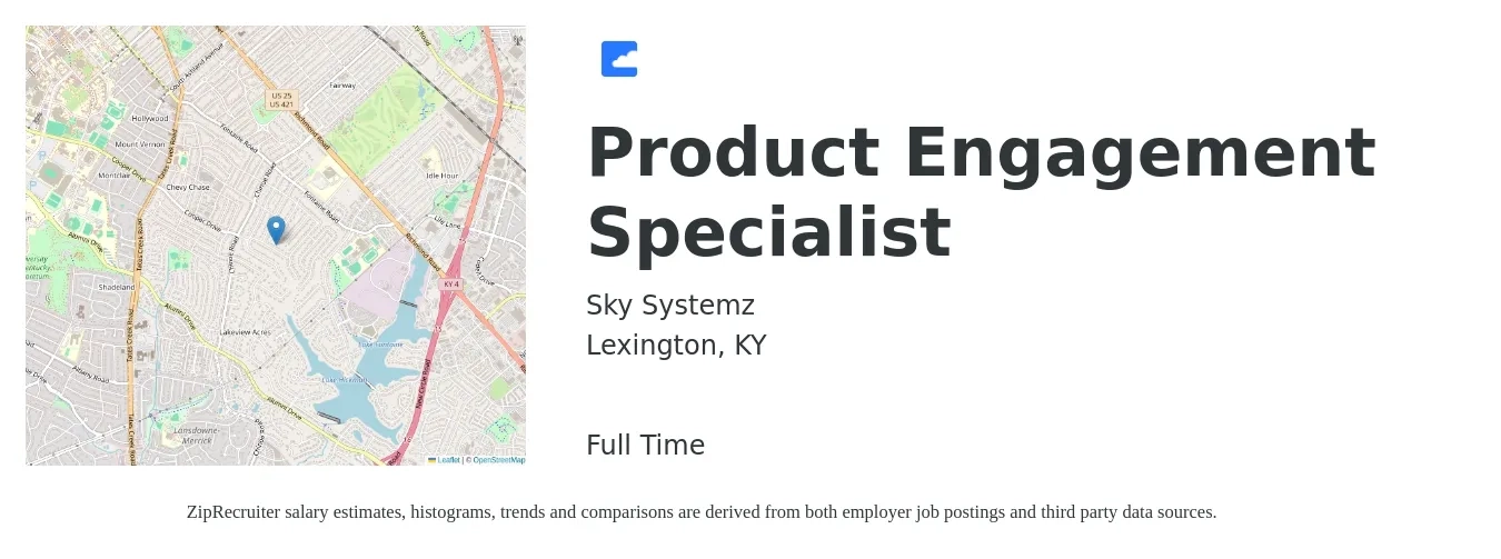 Sky Systemz job posting for a Product Engagement Specialist in Lexington, KY with a salary of $50,000 Yearly with a map of Lexington location.