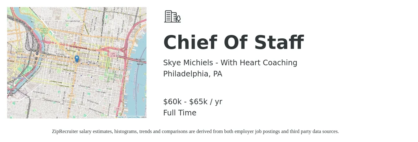 Skye Michiels - With Heart Coaching job posting for a Chief Of Staff in Philadelphia, PA with a salary of $60,000 to $65,000 Yearly with a map of Philadelphia location.