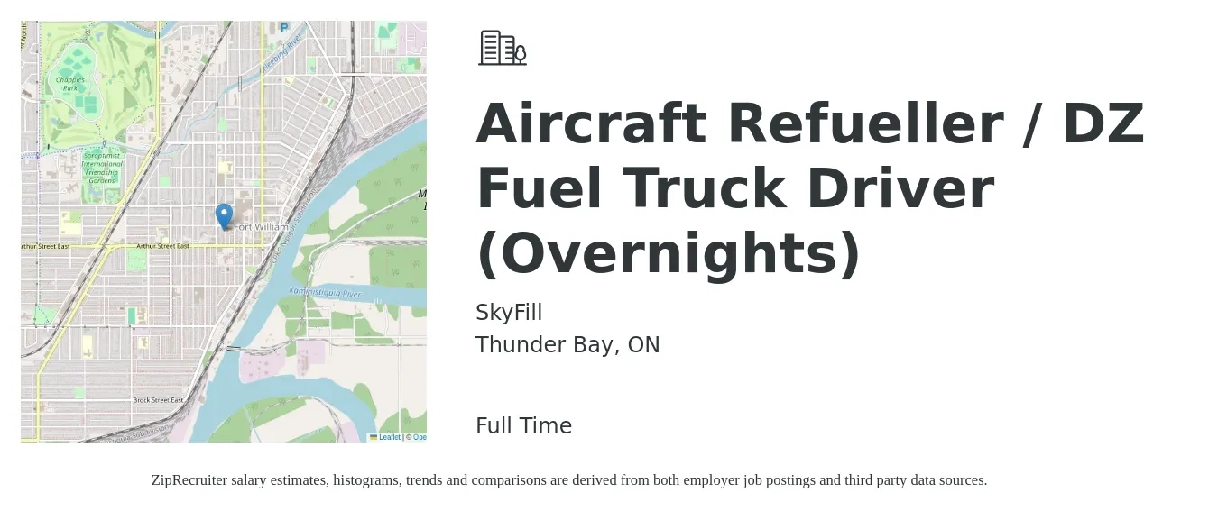 SkyFill job posting for a Aircraft Refueller / DZ Fuel Truck Driver (Overnights) in Thunder Bay, ON with a map of Thunder Bay location.