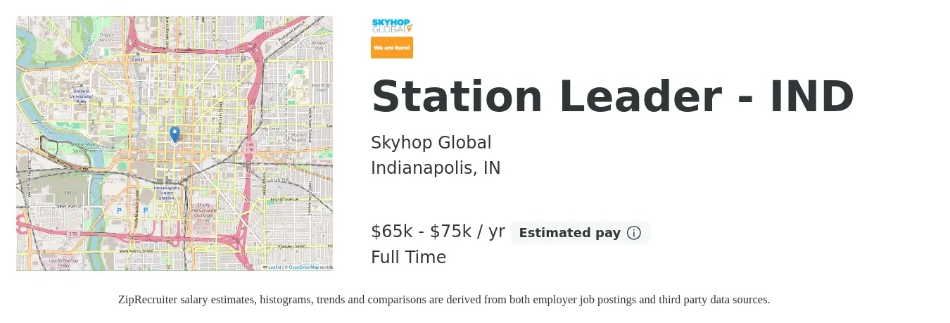 Skyhop Global job posting for a Station Leader - IND in Indianapolis, IN with a salary of $65,000 to $75,000 Yearly with a map of Indianapolis location.