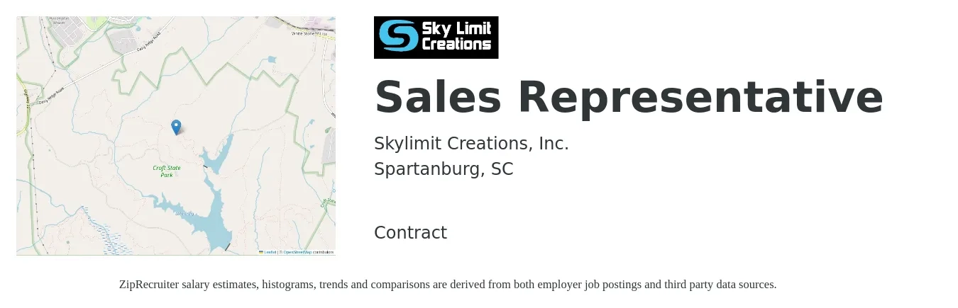 Skylimit Creations, Inc. job posting for a Sales Representative in Spartanburg, SC with a salary of $600 to $3,000 Weekly with a map of Spartanburg location.