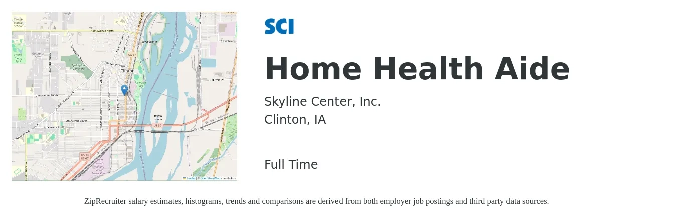 Skyline Center, Inc. job posting for a Home Health Aide in Clinton, IA with a salary of $14 to $21 Hourly with a map of Clinton location.