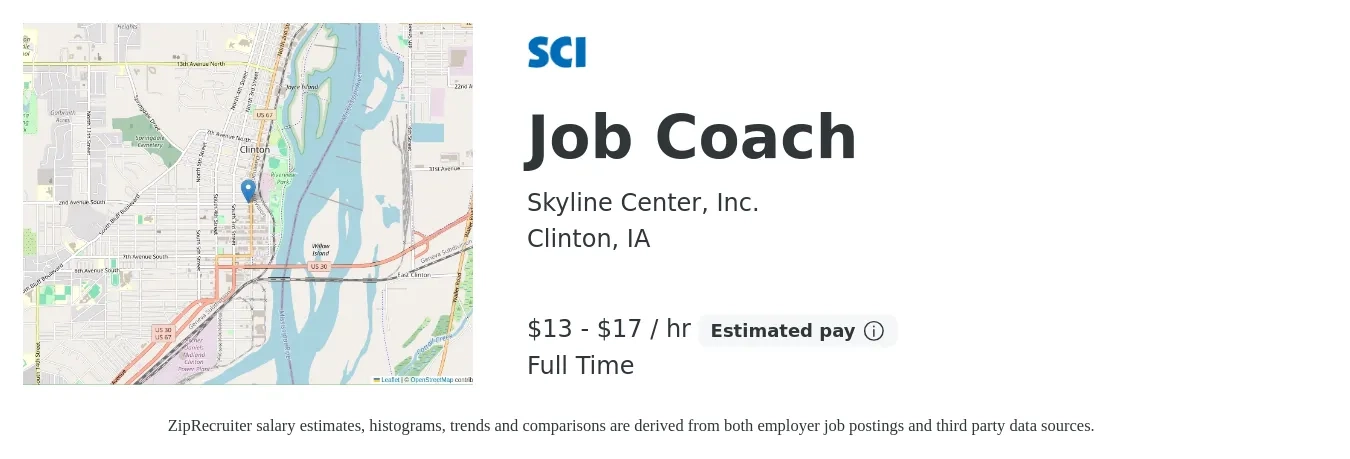 Skyline Center, Inc. job posting for a Job Coach in Clinton, IA with a salary of $14 to $18 Hourly with a map of Clinton location.