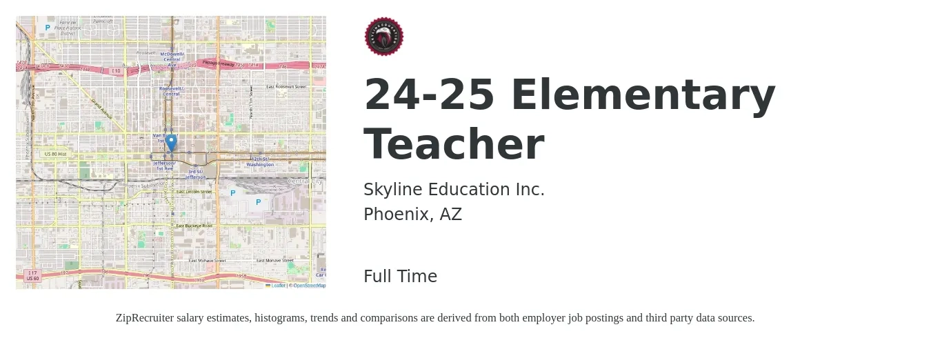 Skyline Education Inc. job posting for a 24-25 Elementary Teacher in Phoenix, AZ with a salary of $42,900 to $57,800 Yearly with a map of Phoenix location.