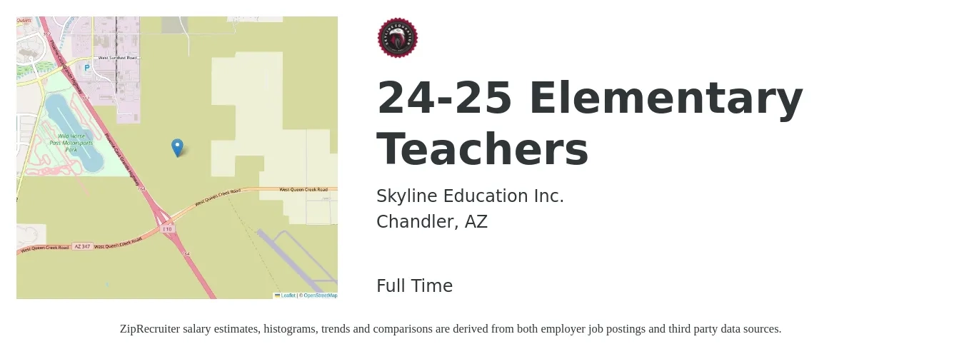 Skyline Education Inc. job posting for a 24-25 Elementary Teachers in Chandler, AZ with a salary of $44,200 to $59,600 Yearly with a map of Chandler location.