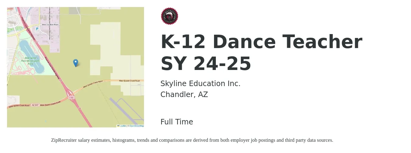 Skyline Education Inc. job posting for a K-12 Dance Teacher SY 24-25 in Chandler, AZ with a salary of $18 to $31 Hourly with a map of Chandler location.