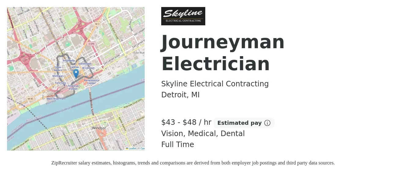 Skyline Electrical Contracting job posting for a Journeyman Electrician in Detroit, MI with a salary of $45 to $50 Hourly and benefits including retirement, vision, dental, life_insurance, medical, and pto with a map of Detroit location.