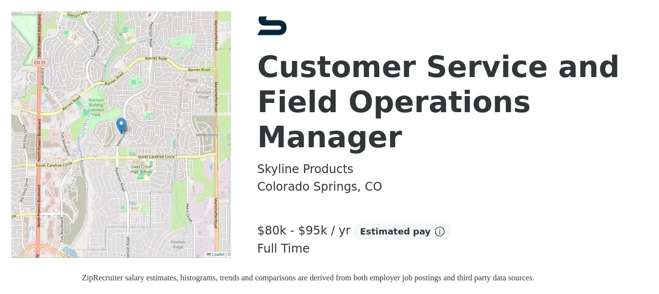 Skyline Products job posting for a Customer Service and Field Operations Manager in Colorado Springs, CO with a salary of $80,000 to $95,000 Yearly with a map of Colorado Springs location.