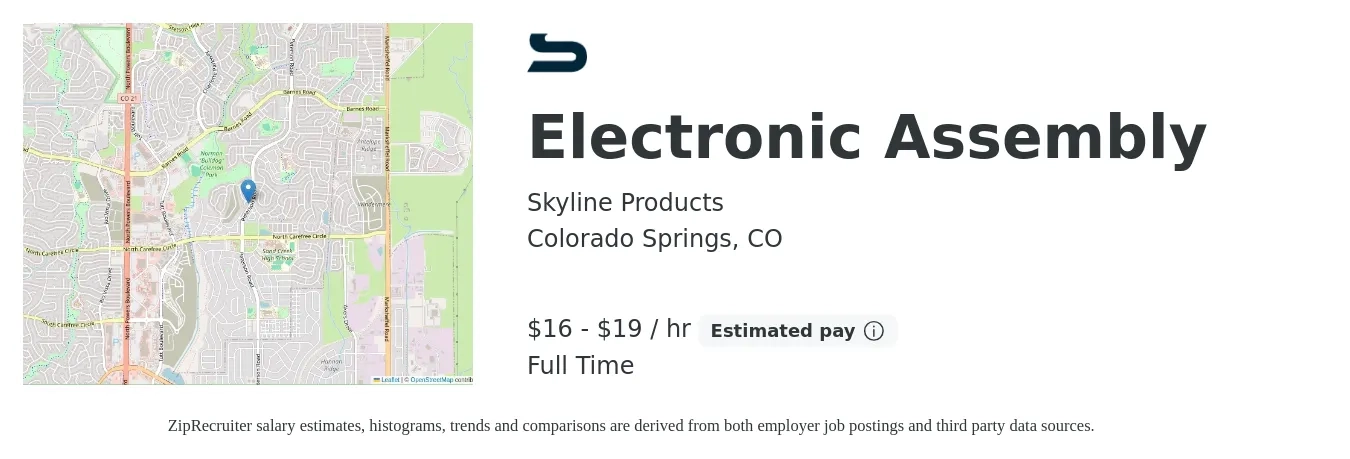 Skyline Products job posting for a Electronic Assembly in Colorado Springs, CO with a salary of $17 to $20 Hourly with a map of Colorado Springs location.