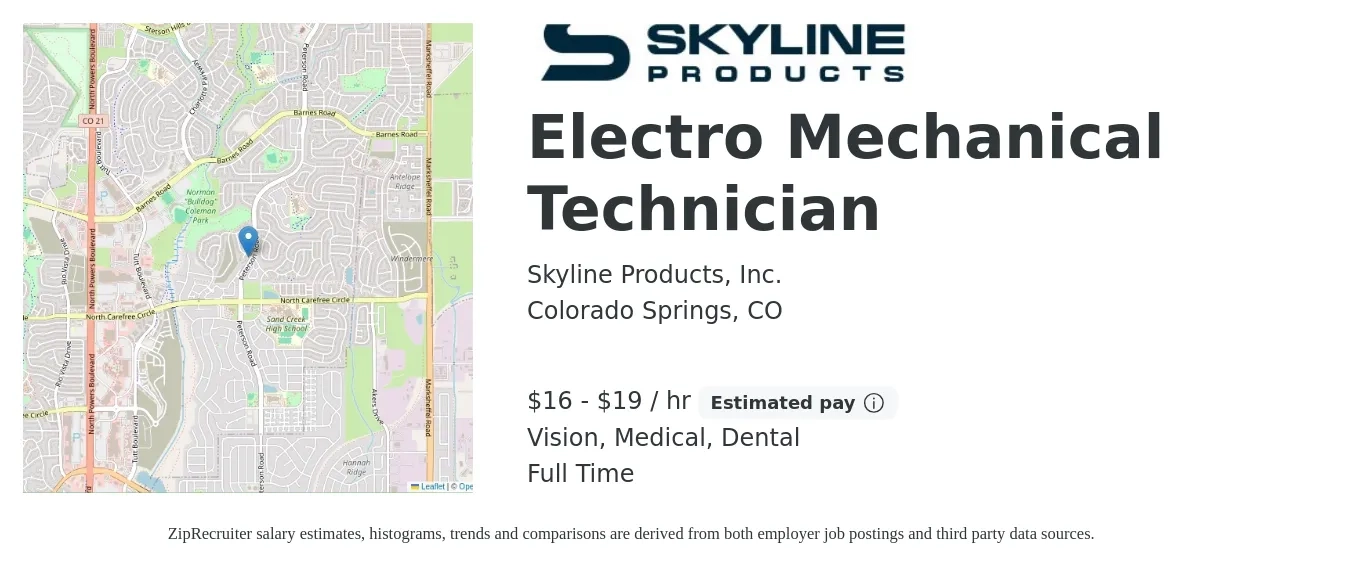 Skyline Products, Inc. job posting for a Electro Mechanical Technician in Colorado Springs, CO with a salary of $17 to $20 Hourly and benefits including dental, life_insurance, medical, pto, retirement, and vision with a map of Colorado Springs location.