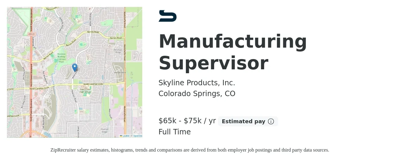 Skyline Products job posting for a Manufacturing Supervisor in Colorado Springs, CO with a salary of $65,000 to $75,000 Yearly with a map of Colorado Springs location.