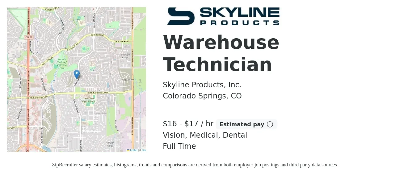 Skyline Products, Inc. job posting for a Warehouse Technician in Colorado Springs, CO with a salary of $18 to $18 Hourly and benefits including retirement, vision, dental, life_insurance, medical, and pto with a map of Colorado Springs location.