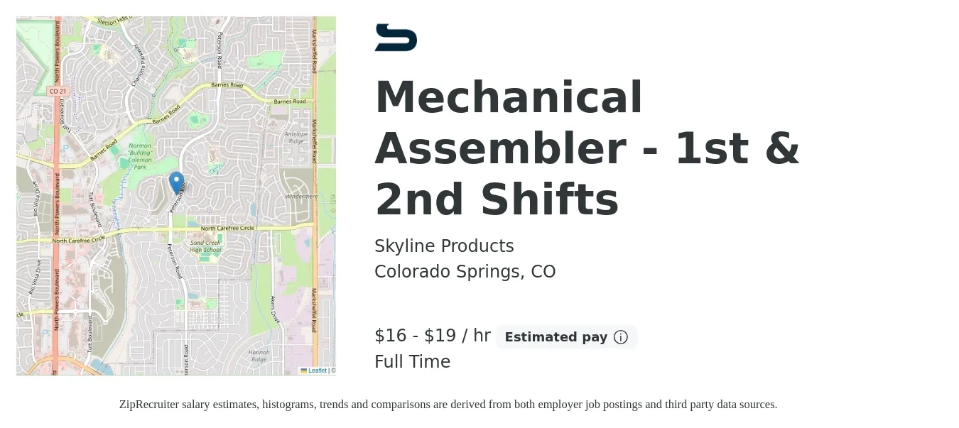 Skyline Products job posting for a Mechanical Assembler - 1st & 2nd Shifts in Colorado Springs, CO with a salary of $17 to $20 Hourly with a map of Colorado Springs location.
