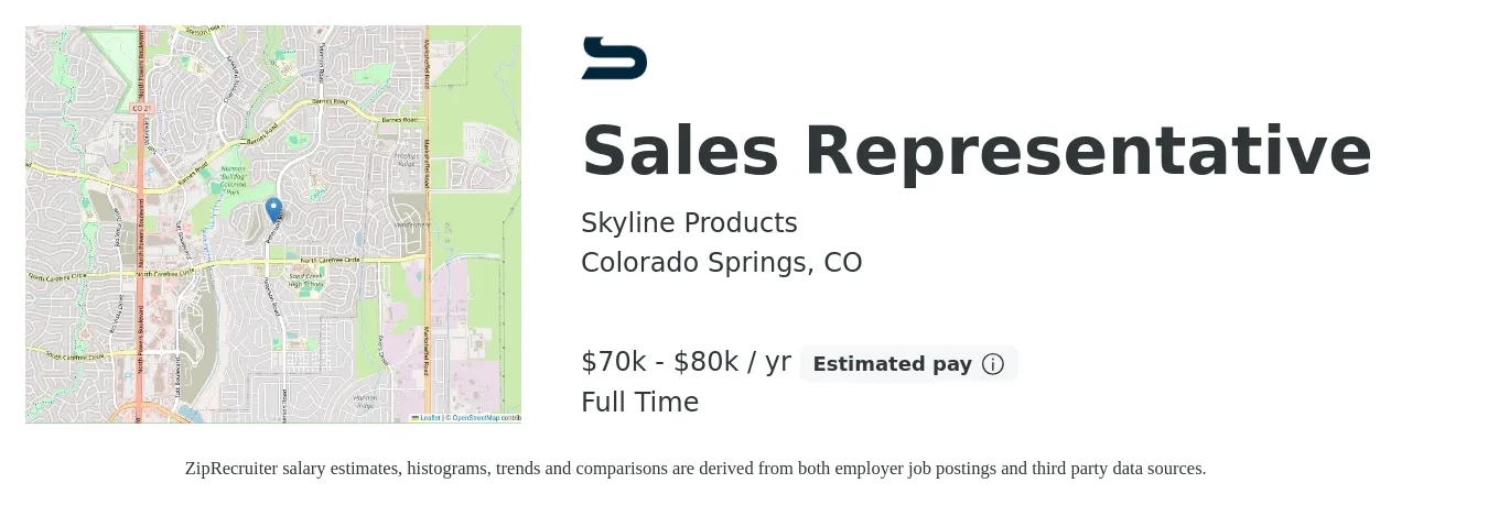 Skyline Products job posting for a Sales Representative in Colorado Springs, CO with a salary of $70,000 to $80,000 Yearly with a map of Colorado Springs location.