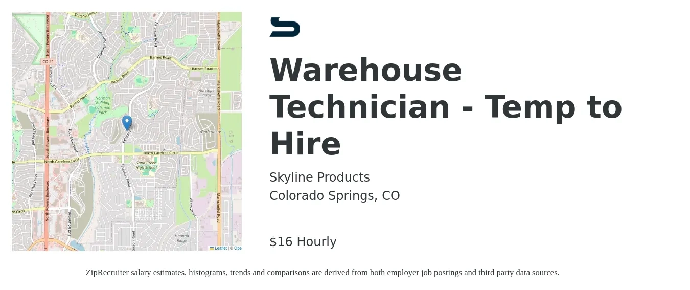 Skyline Products job posting for a Warehouse Technician - Temp to Hire in Colorado Springs, CO with a salary of $18 Yearly with a map of Colorado Springs location.