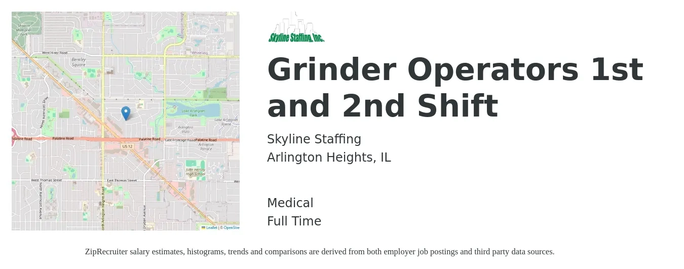 Skyline Staffing job posting for a Grinder Operators 1st and 2nd Shift in Arlington Heights, IL with a salary of $18 to $22 Hourly and benefits including medical with a map of Arlington Heights location.