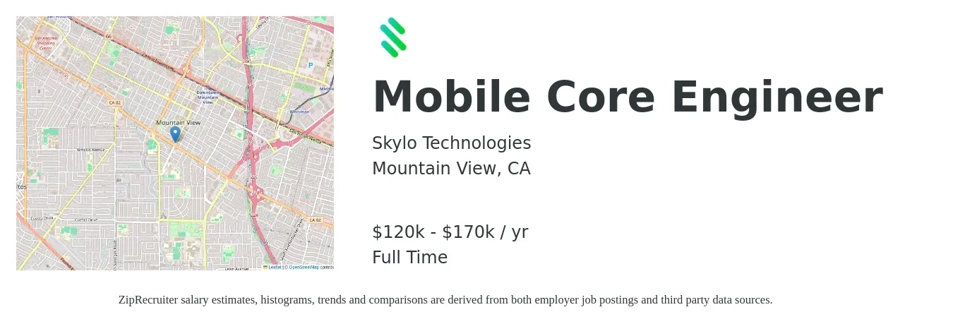 Skylo Technologies job posting for a Mobile Core Engineer in Mountain View, CA with a salary of $120,000 to $170,000 Yearly with a map of Mountain View location.