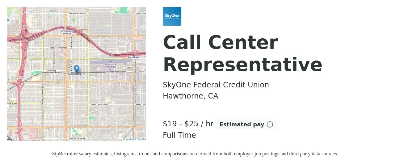 SkyOne Federal Credit Union job posting for a Call Center Representative in Hawthorne, CA with a salary of $20 to $26 Hourly with a map of Hawthorne location.