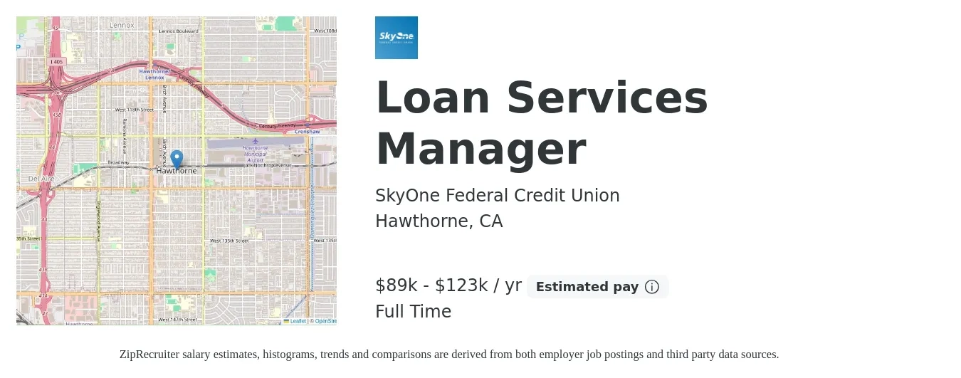 SkyOne Federal Credit Union job posting for a Loan Services Manager in Hawthorne, CA with a salary of $89,900 to $123,800 Yearly with a map of Hawthorne location.