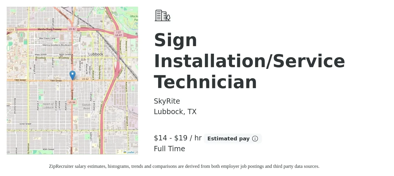 SkyRite job posting for a Sign Installation/Service Technician in Lubbock, TX with a salary of $15 to $20 Hourly with a map of Lubbock location.