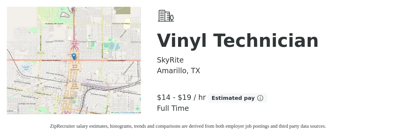 SkyRite job posting for a Vinyl Technician in Amarillo, TX with a salary of $15 to $20 Hourly with a map of Amarillo location.