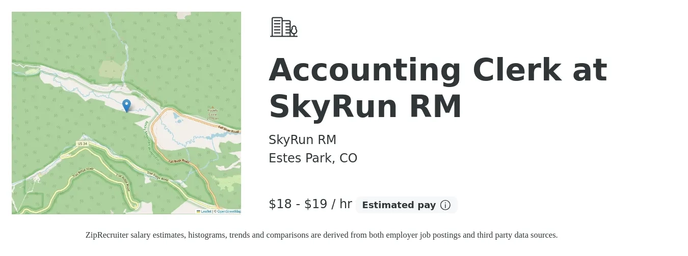 SkyRun RM job posting for a Accounting Clerk at SkyRun RM in Estes Park, CO with a salary of $19 to $20 Hourly with a map of Estes Park location.