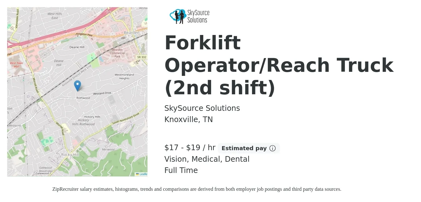 SkySource Solutions job posting for a Forklift Operator/Reach Truck (2nd shift) in Knoxville, TN with a salary of $19 to $20 Hourly and benefits including medical, vision, and dental with a map of Knoxville location.