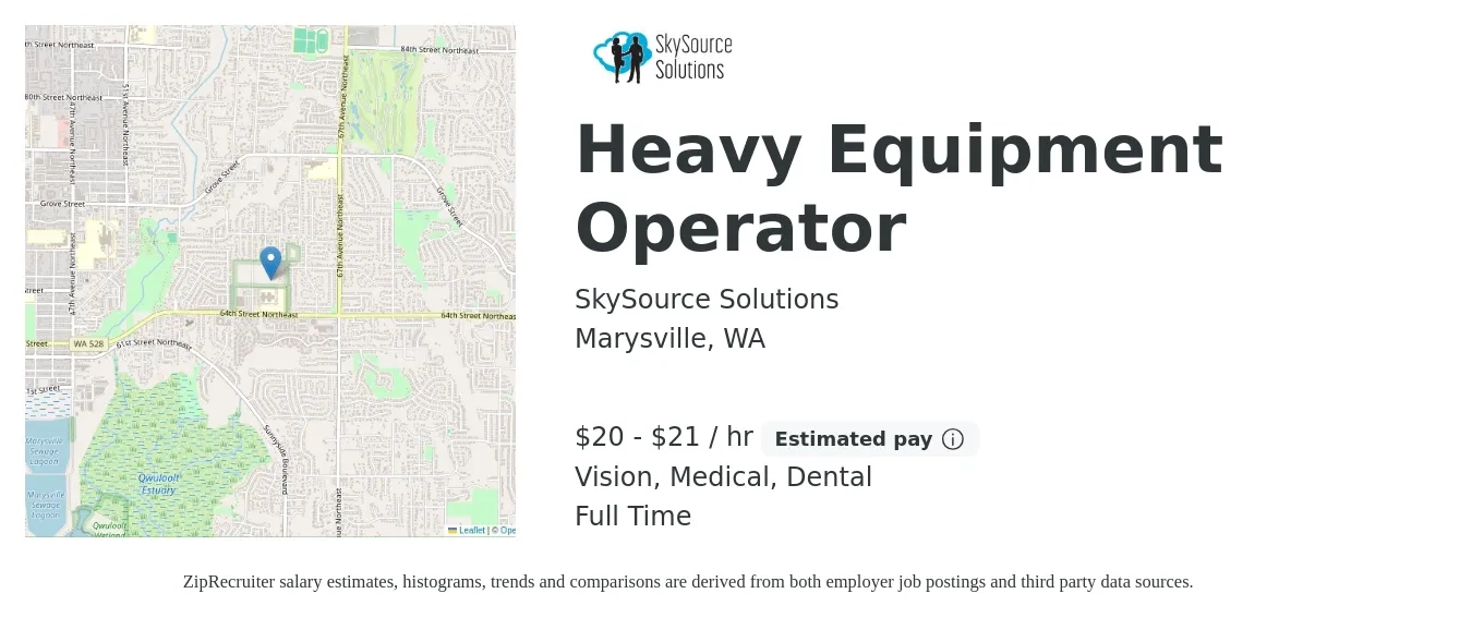 SkySource Solutions job posting for a Heavy Equipment Operator in Marysville, WA with a salary of $21 to $22 Hourly and benefits including dental, life_insurance, medical, retirement, and vision with a map of Marysville location.