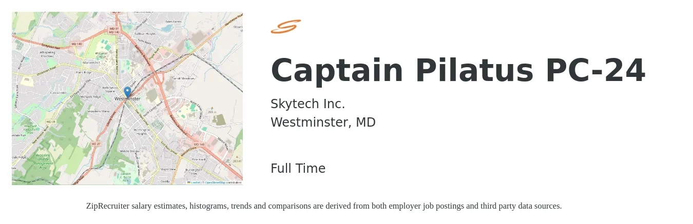 Skytech Inc. job posting for a Captain Pilatus PC-24 in Westminster, MD with a salary of $96,100 to $149,000 Yearly with a map of Westminster location.