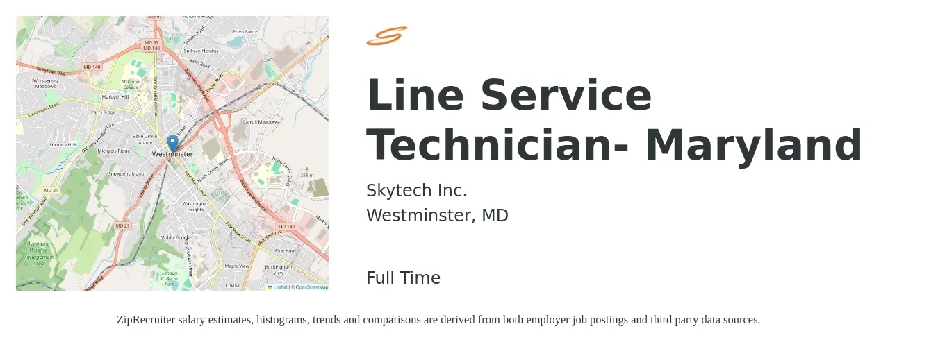 Skytech Inc. job posting for a Line Service Technician- Maryland in Westminster, MD with a salary of $16 to $18 Hourly with a map of Westminster location.