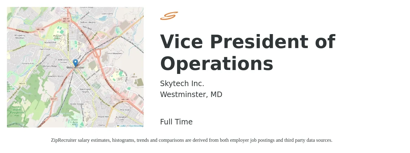 Skytech Inc. job posting for a Vice President of Operations in Westminster, MD with a salary of $111,000 to $177,800 Yearly with a map of Westminster location.