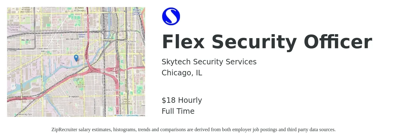 Skytech Security Services job posting for a Flex Security Officer in Chicago, IL with a salary of $19 Hourly with a map of Chicago location.