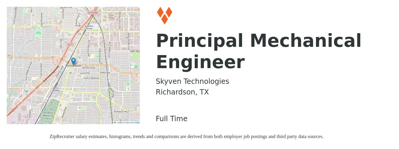 Skyven Technologies job posting for a Principal Mechanical Engineer in Richardson, TX with a salary of $122,800 to $140,800 Yearly with a map of Richardson location.