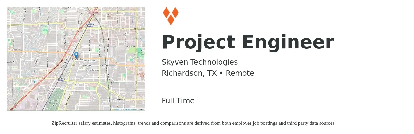 Skyven Technologies job posting for a Project Engineer in Richardson, TX with a salary of $66,800 to $93,400 Yearly with a map of Richardson location.