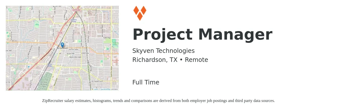 Skyven Technologies job posting for a Project Manager in Richardson, TX with a salary of $70,900 to $111,000 Yearly with a map of Richardson location.