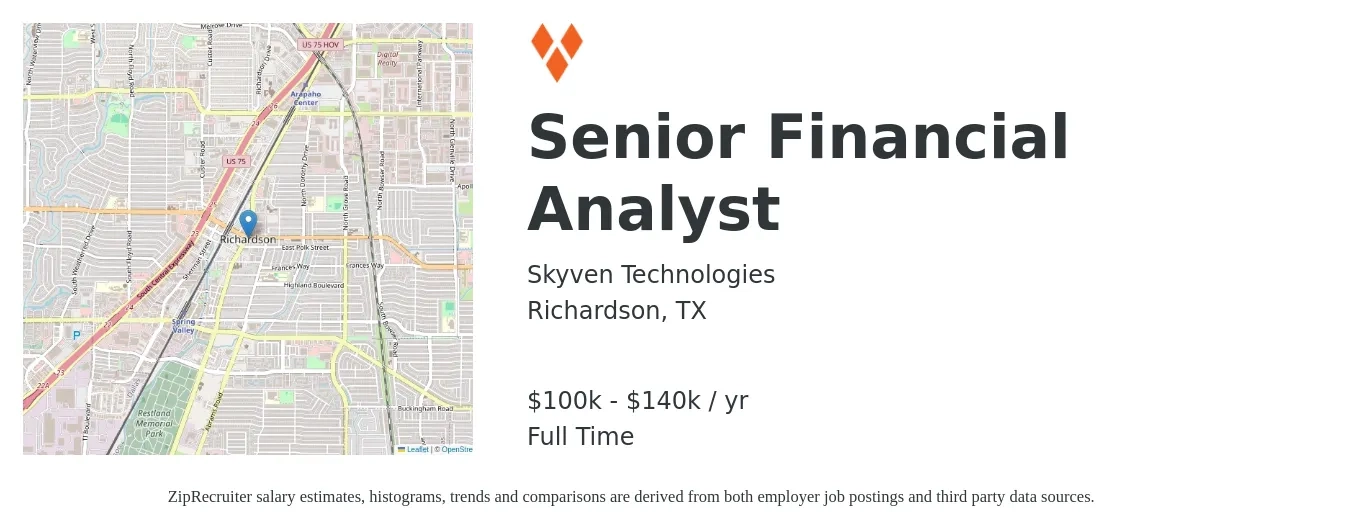 Skyven Technologies job posting for a Senior Financial Analyst in Richardson, TX with a salary of $100,000 to $140,000 Yearly with a map of Richardson location.