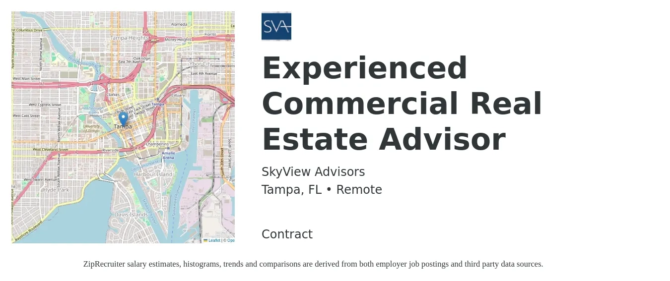 SkyView Advisors job posting for a Experienced Commercial Real Estate Advisor in Tampa, FL with a salary of $28,400 to $264,600 Yearly with a map of Tampa location.