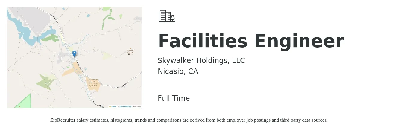 Skywalker Holdings, LLC job posting for a Facilities Engineer in Nicasio, CA with a salary of $84,500 to $123,500 Yearly with a map of Nicasio location.