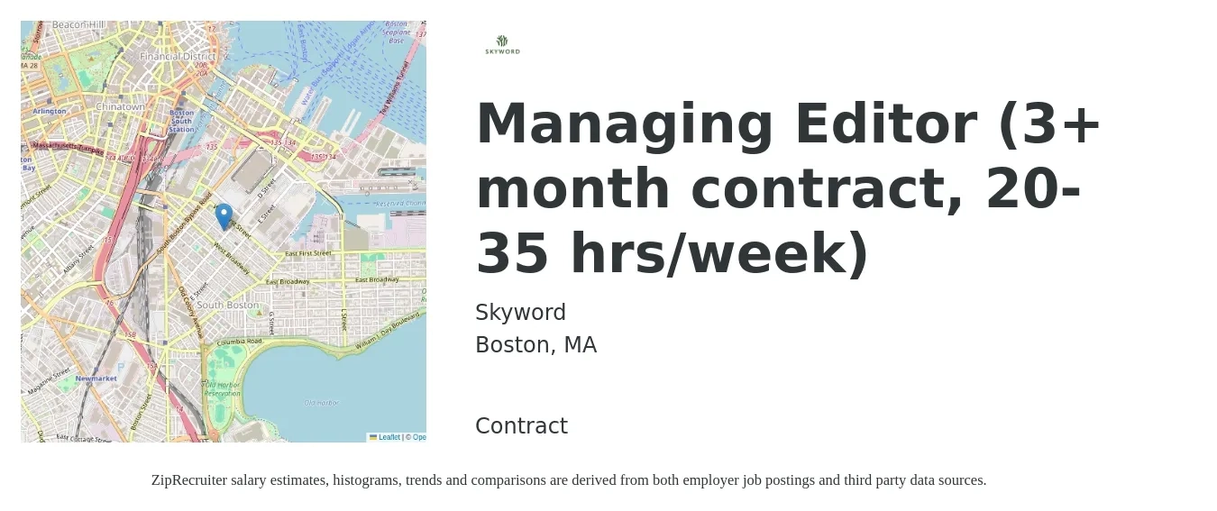 Skyword job posting for a Managing Editor (3+ month contract, 20-35 hrs/week) in Boston, MA with a salary of $53,800 to $102,100 Yearly with a map of Boston location.
