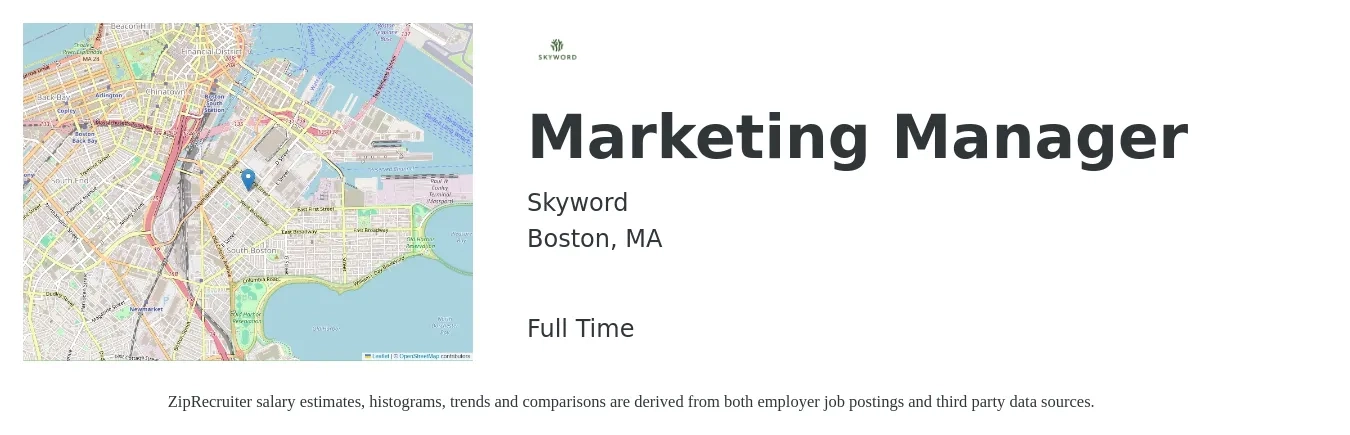 Skyword job posting for a Marketing Manager in Boston, MA with a salary of $65,200 to $106,500 Yearly with a map of Boston location.