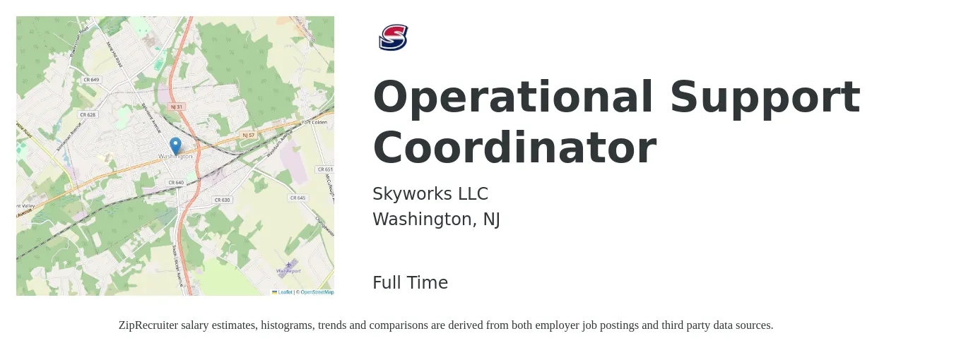 Skyworks LLC job posting for a Operational Support Coordinator in Washington, NJ with a salary of $18 to $24 Hourly with a map of Washington location.