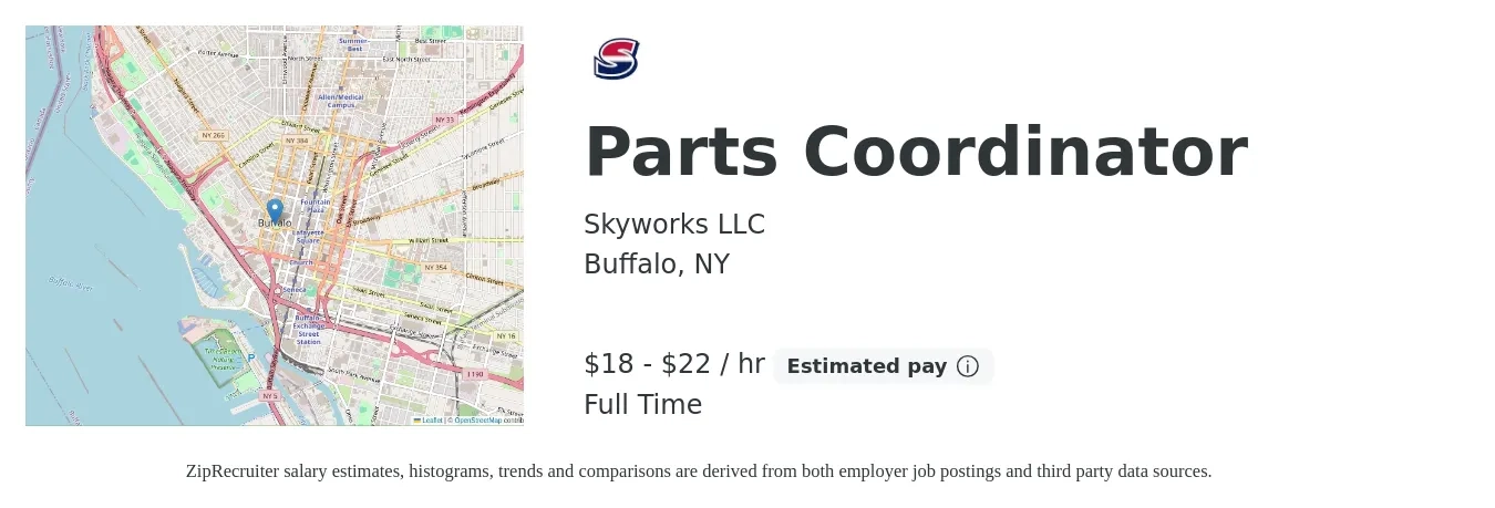 Skyworks LLC job posting for a Parts Coordinator in Buffalo, NY with a salary of $19 to $23 Hourly with a map of Buffalo location.