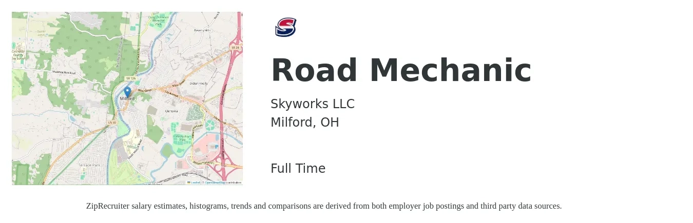 Skyworks LLC job posting for a Road Mechanic in Milford, OH with a salary of $34,800 Yearly with a map of Milford location.