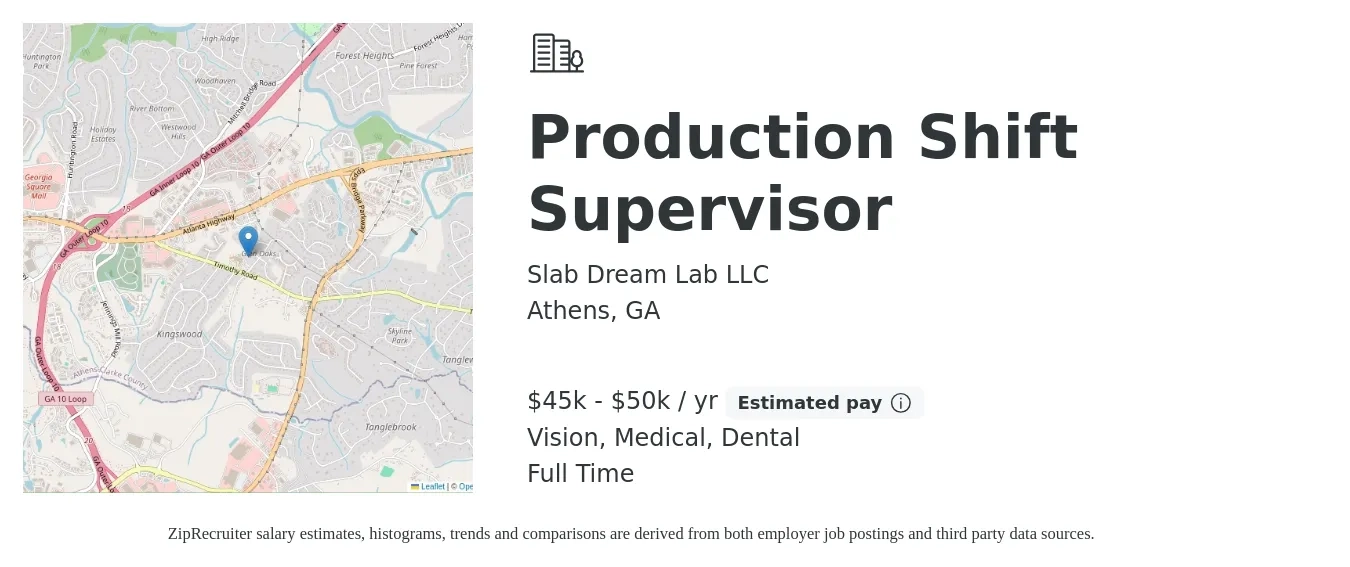 Slab Dream Lab LLC job posting for a Production Shift Supervisor in Athens, GA with a salary of $45,000 to $50,000 Yearly and benefits including dental, life_insurance, medical, pto, and vision with a map of Athens location.