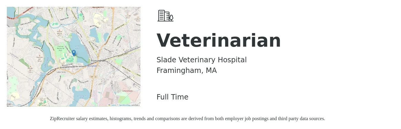 Slade Veterinary Hospital job posting for a Veterinarian in Framingham, MA with a salary of $115,200 to $224,200 Yearly with a map of Framingham location.