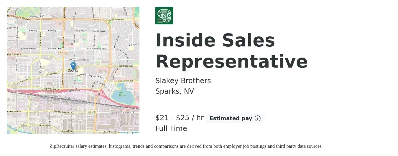 Slakey Brothers job posting for a Inside Sales Representative in Sparks, NV with a salary of $22 to $27 Hourly with a map of Sparks location.